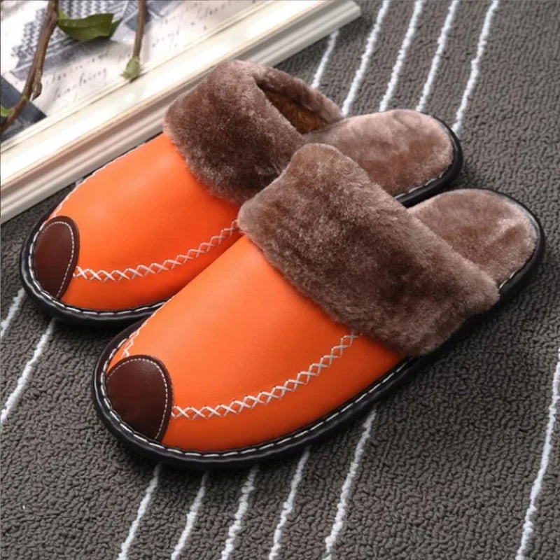 Men Women Winter Leather Slippers Bedroom Cotton Slippers Male Waterproof Thick Plus Velvet Indoor Warm House Home Slippers Shoe