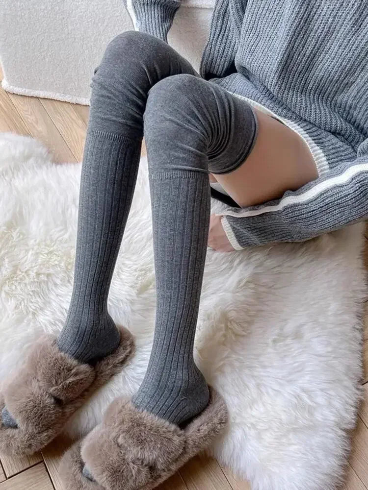 2pairs Women's Knee-length Socks Ladies Thigh-length SocksWarm Knitted Boot Socks Leg Warmers Japan JK Cotton Thigh High Bottoms