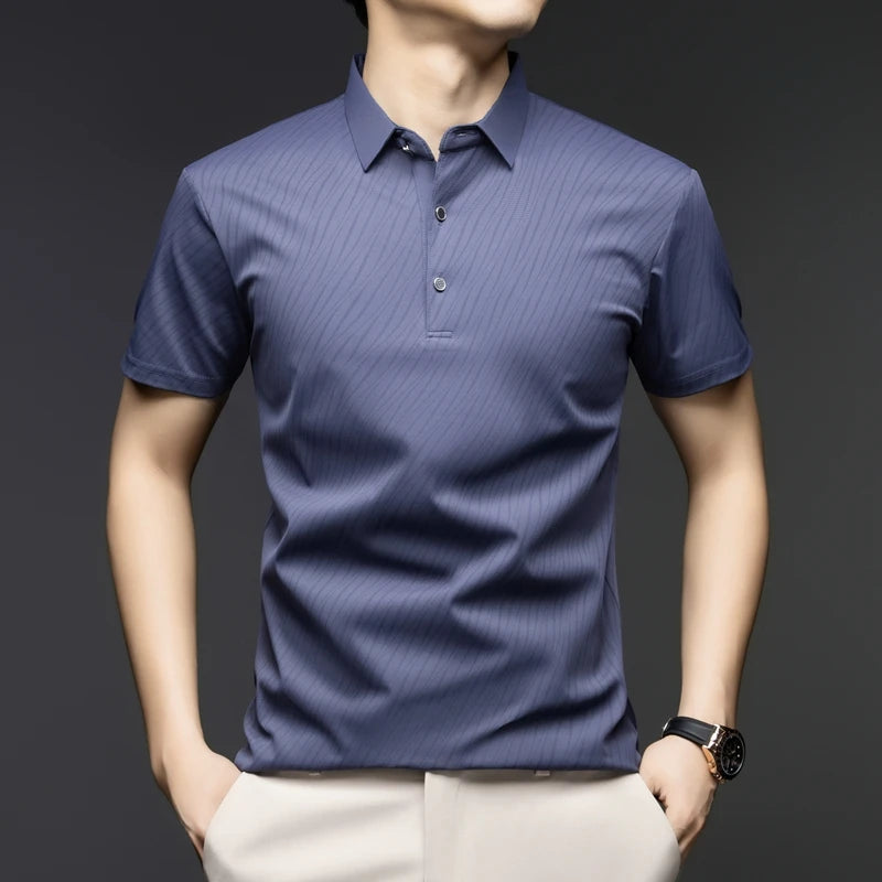Men's Fashion Ice Silk Polo Shirt Cool Touch Fabric With Diagonal Line Print Short Sleeve For Business