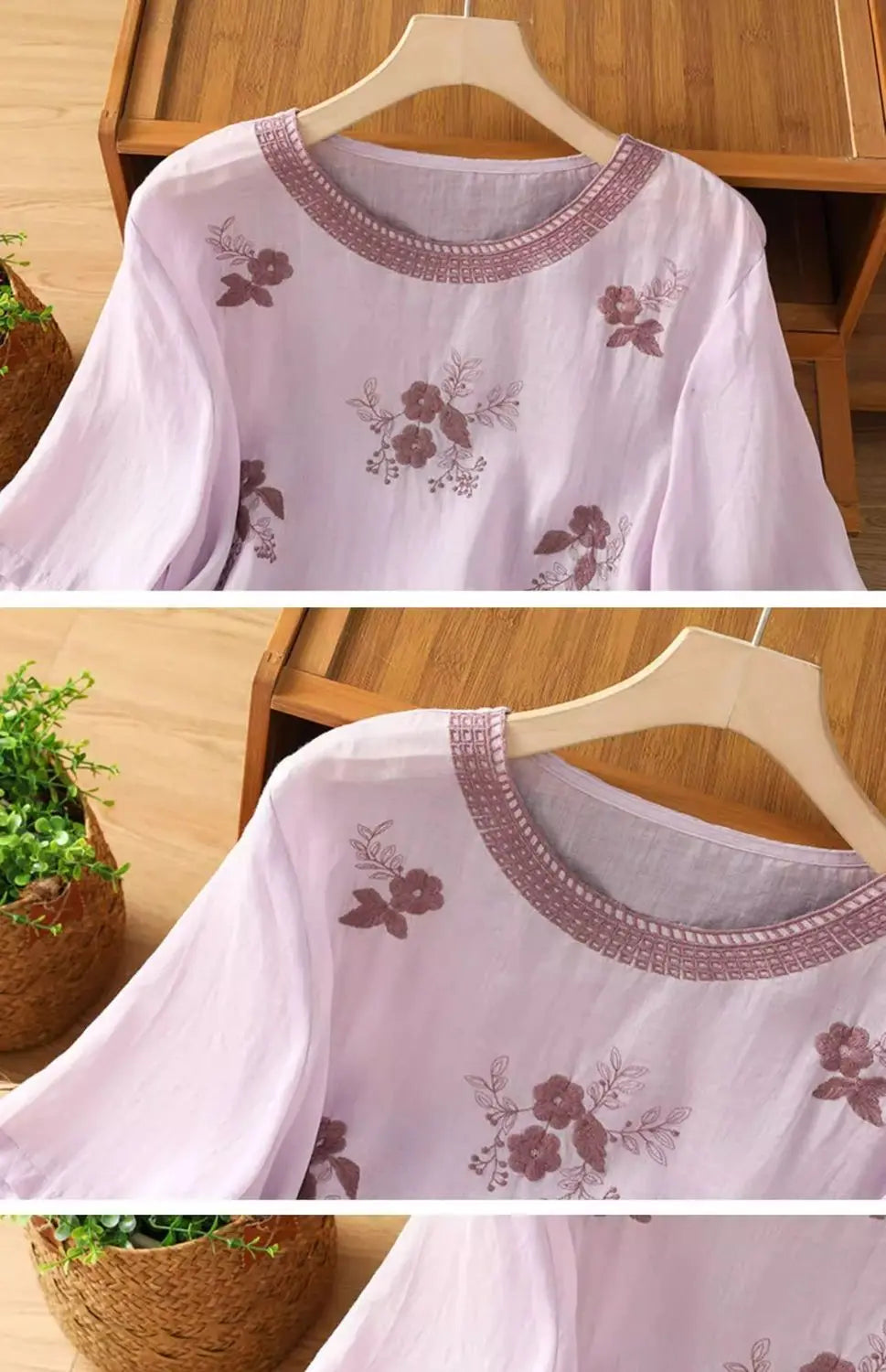 Women's Casual Linen Blouse Floral Embroidery Round Neck Short Sleeve Side Split Loose Fit Summer Tops