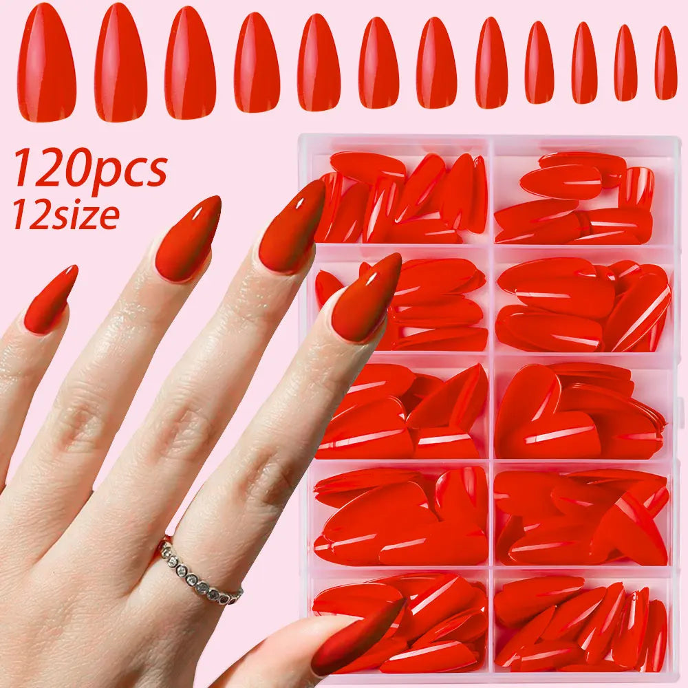 120pcs/box Red White Glossy Acrylic Medium Almond False Nails Solid Color Press-On Nails 12 Sizes Almond Artificial Fake Nails