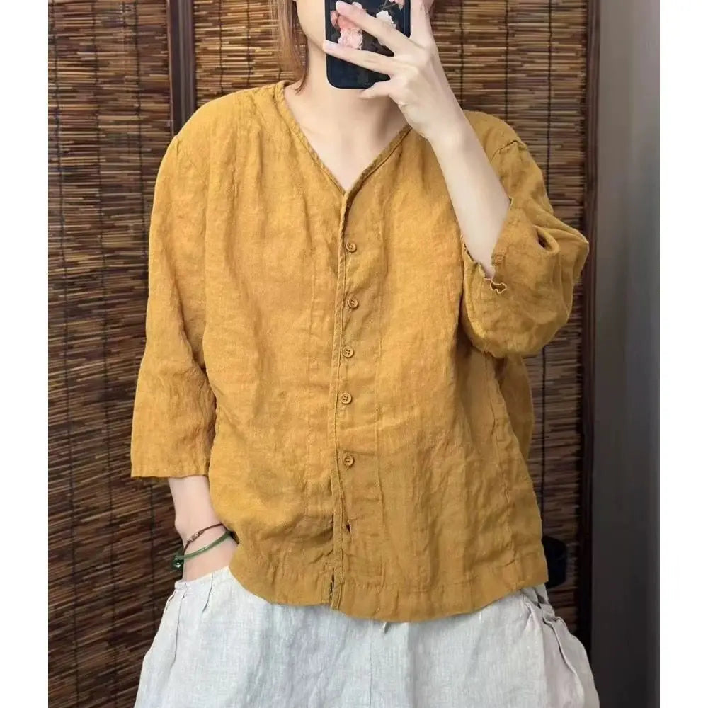 2025 New Solid Color Linen Loose Top Artistic Casual Three-quarter Sleeve Cardigan Shirt