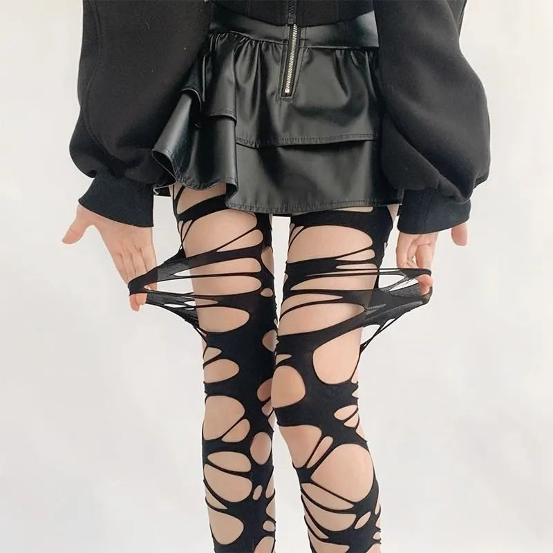 Fashion Punk Torn Strap Holes Tights Sexy Lolita Gothic Spider Web Stockings Ladies Black White Mesh Soft Tights High Hosiery
