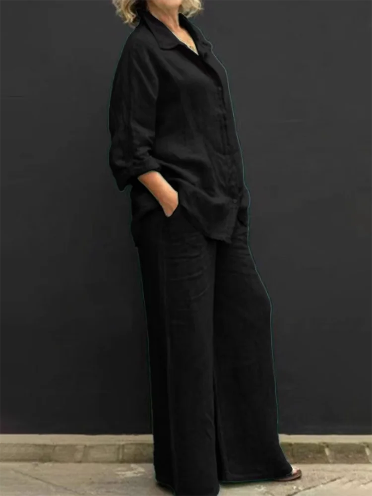 Women Linen Casual Shirt 2 Pieces Set Fashion Lapel Long Sleeve Button Blouse And Trousers Outfits Loose Wide Leg Pants Suits
