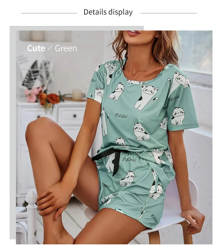 Women Pajamas Sets Short Sleeve Nightwear Top and Pants Sleepwear 2 Piece Pjs Loungewear Cartoon Print Pyjamas Set Nightwear