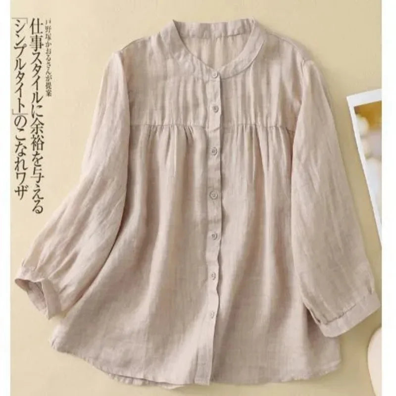 Women's Linen Cotton Blouse - Stand Collar 3/4 Sleeve Loose Fit Casual Shirt