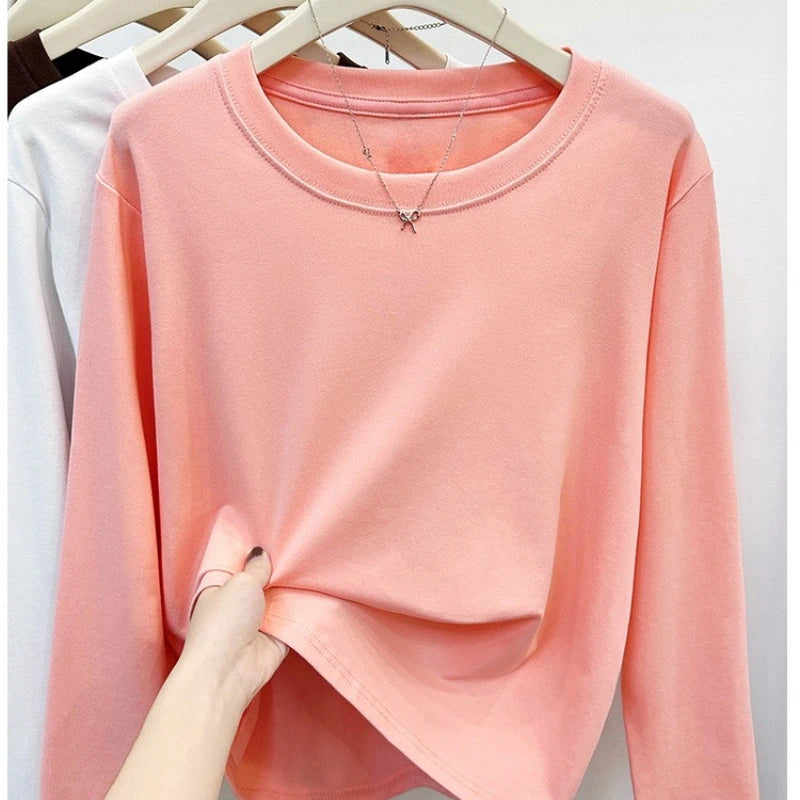 2026 100% Cotton T Shirt Women Autumn Winter Ribbed Causal O-Neck Basic Long Sleeve Harajuku Tops Fashion Loose Versatile Tees