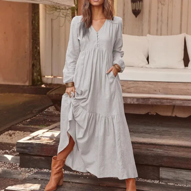 New Cotton Linen Retro Large Hem Long Dresses Casual Long Sleeved For Women Fashion Solid Color Single Breasted Skirt Spring