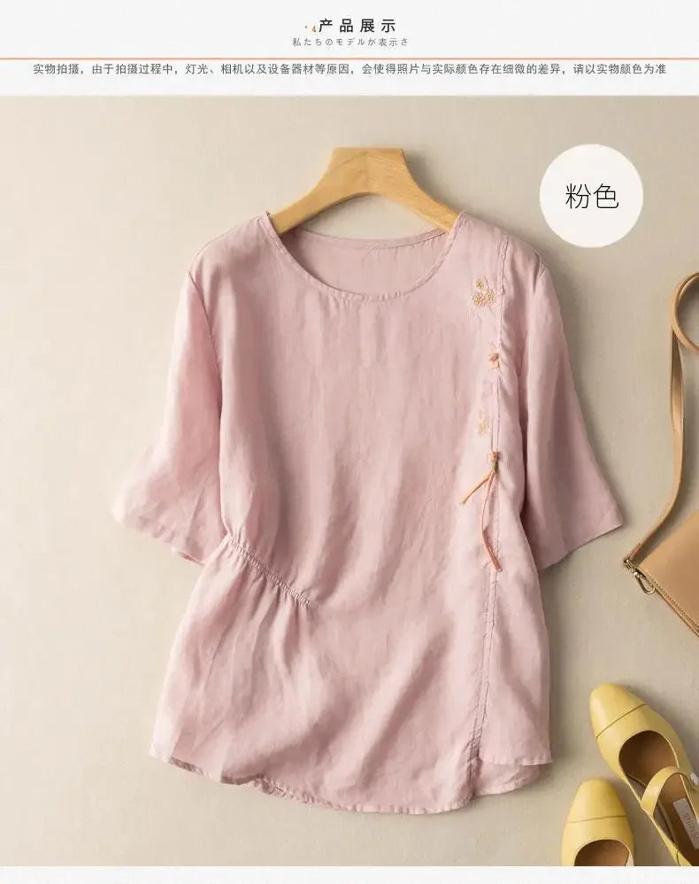 Short-sleeved Linen Tops with Folded Buttons of Artistic Retro Cotton Linen T-shirts Versatile Loose Embroidery 2025 Summer Tops