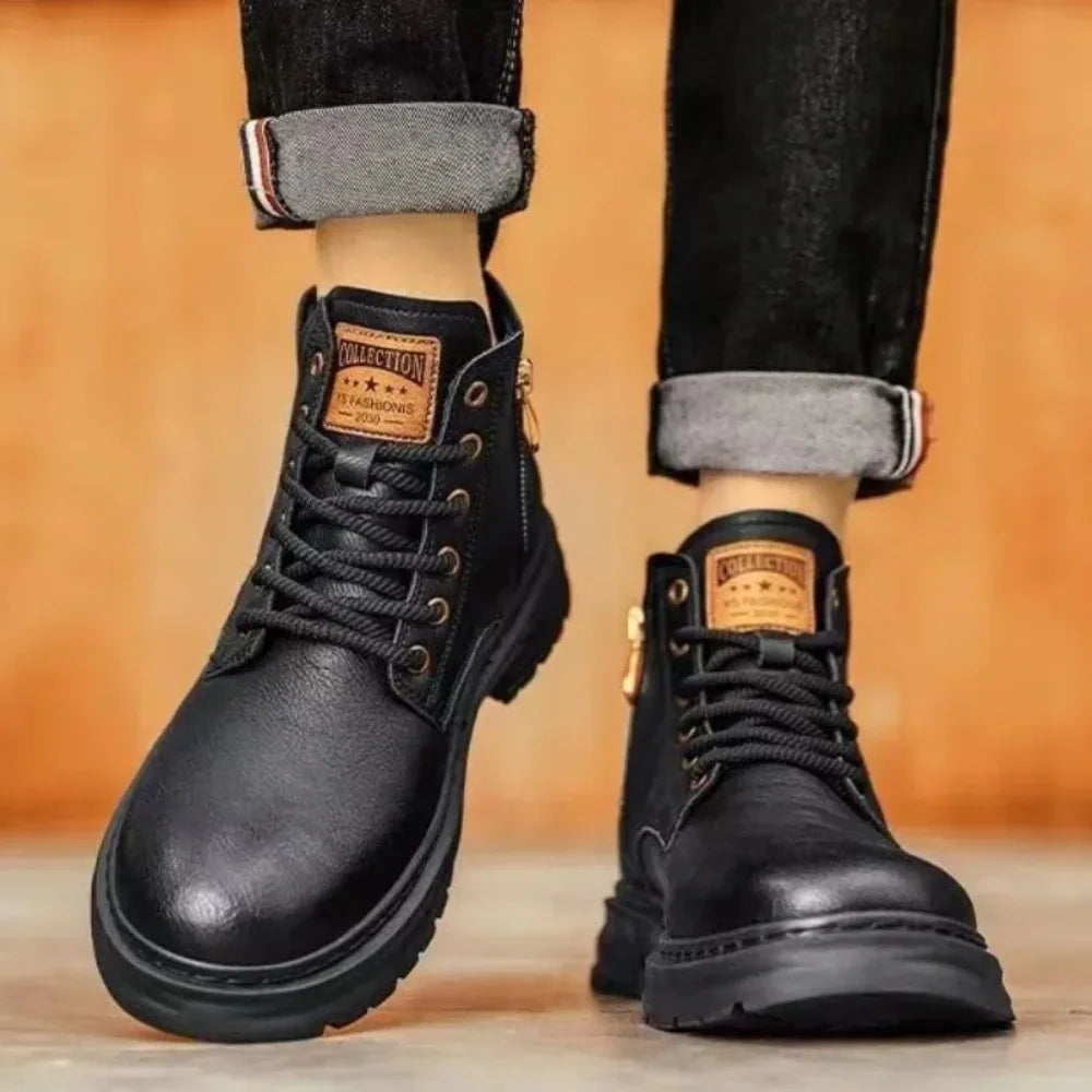 Men's Boots Fashion Motorcycle Boots High-top Casual Leather Boots for Men Plush Warm Winter Boot Non Slip Platform Boot Botas