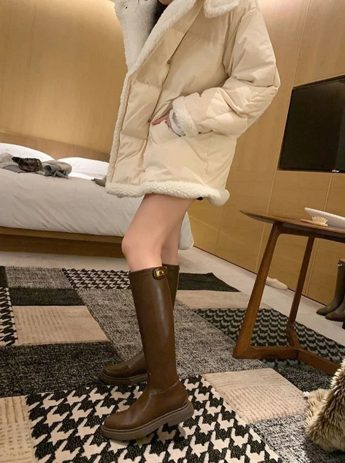 Women's Long Boots Round Toe Winter 2025 Ladies Knee High Shaft Shoes Large Size Warm Spring Autumn Y2k Trend Pu Hot Work Sale
