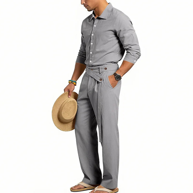 Men's Loose Fit Linen 2 Piece Outfit Solid Color Casual Long Sleeve Hooded Shirt & Long Pants Breathable Suit