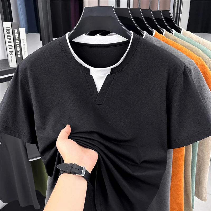 Men's Fashion V Neck T Shirt With Fake Two Piece Detail Soft Elastic Fabric For Daily And Casual Use
