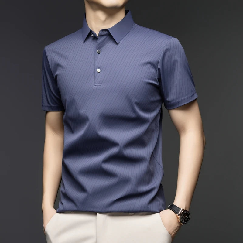 Men's Fashion Ice Silk Polo Shirt Cool Touch Fabric With Diagonal Line Print Short Sleeve For Business