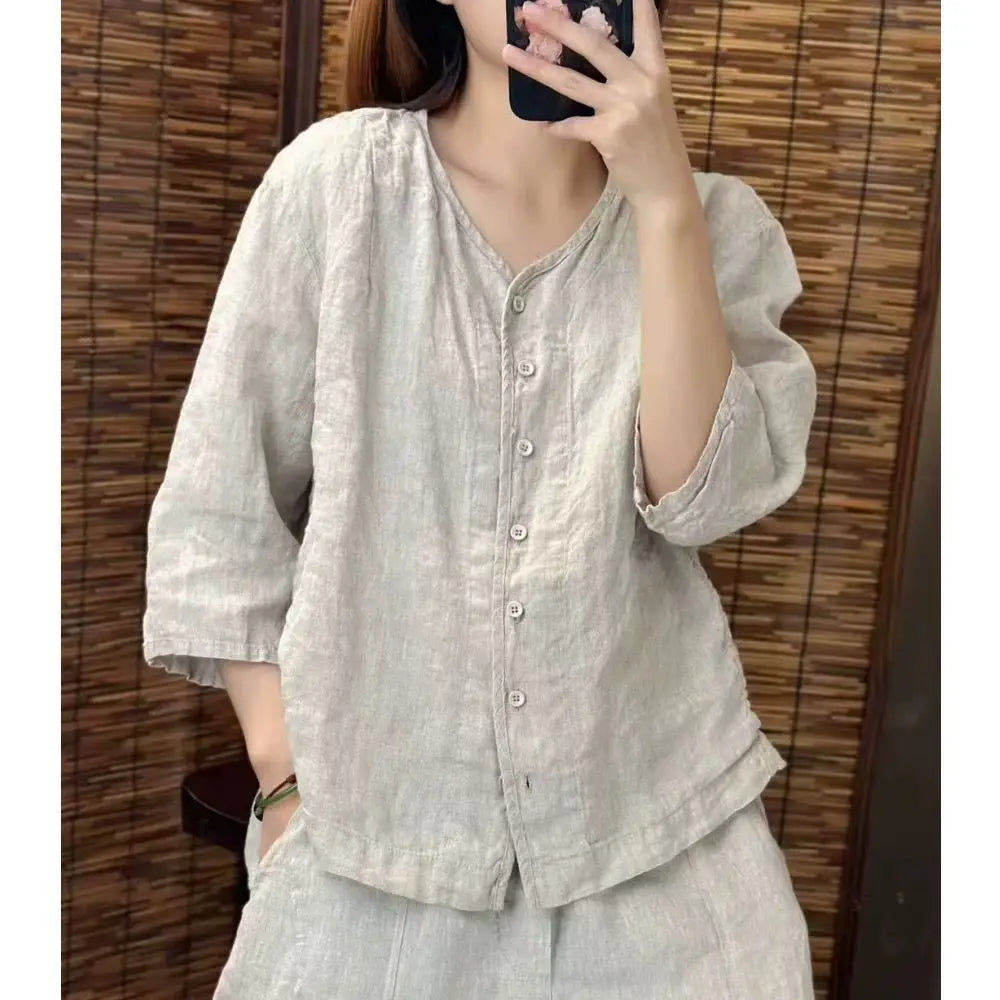 2025 New Solid Color Linen Loose Top Artistic Casual Three-quarter Sleeve Cardigan Shirt