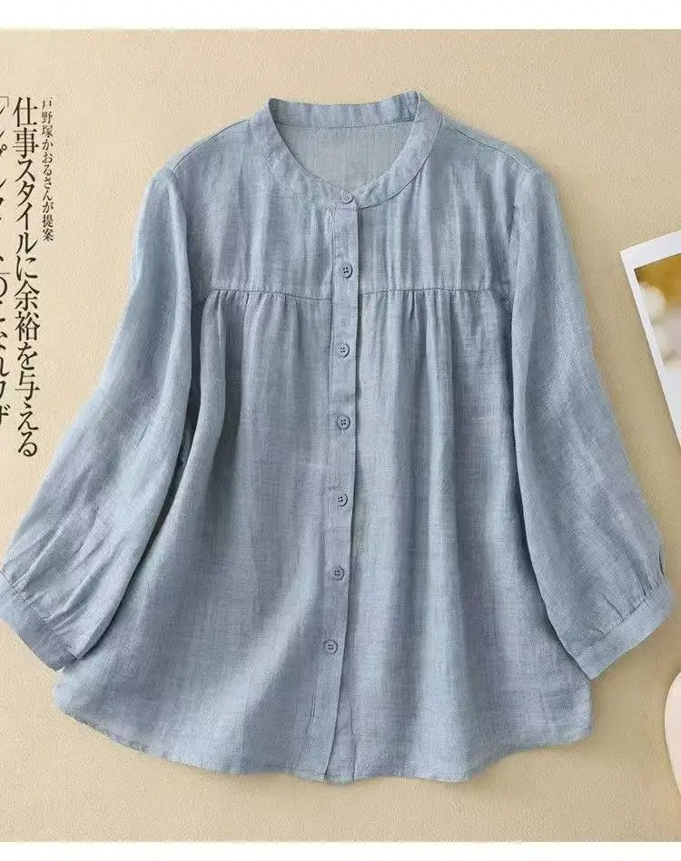 Women's Linen Cotton Blouse - Stand Collar 3/4 Sleeve Loose Fit Casual Shirt
