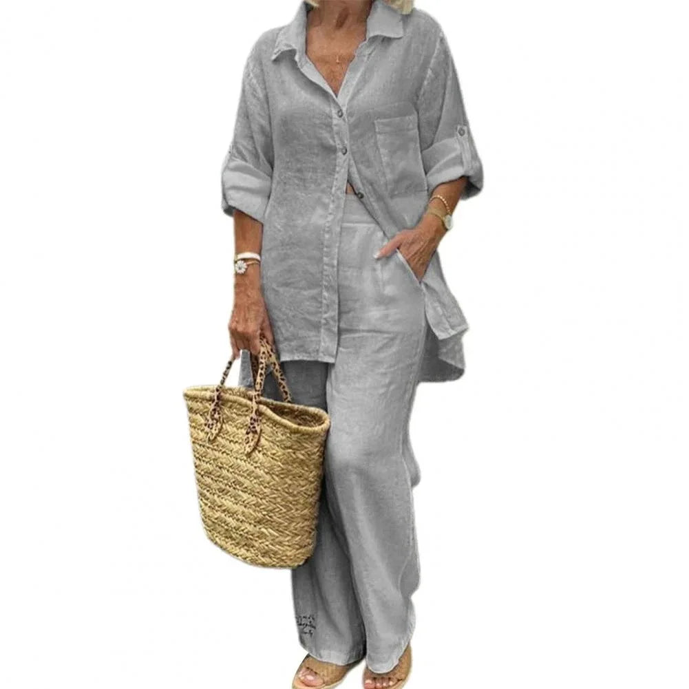 Elegant Solid Cotton Linen Shirt 2 Piece Set For Women Casual Outfits Autumn Long Sleeve Pocket Top Wide Leg Pants Suits Female