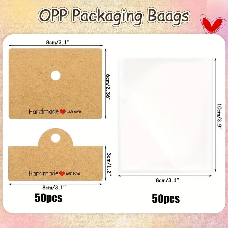 100Pcs Jewelry Package Bags,including 50bags and 50cards, jewelry display clear bags,bracelets,earrings,craft packaging sets