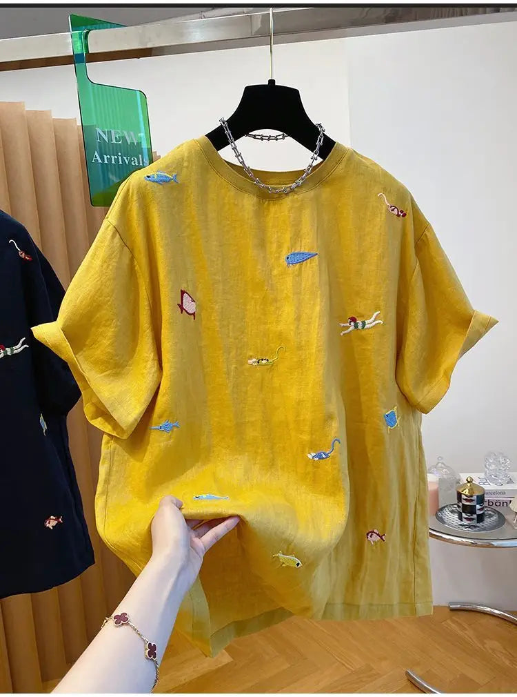 Embroidered Cotton Linen Short-sleeved T-shirt Summer New Loose Casual Round Neck Top for Women