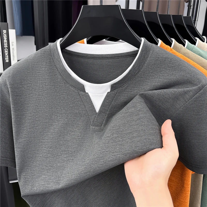 Men's Fashion V Neck T Shirt With Fake Two Piece Detail Soft Elastic Fabric For Daily And Casual Use