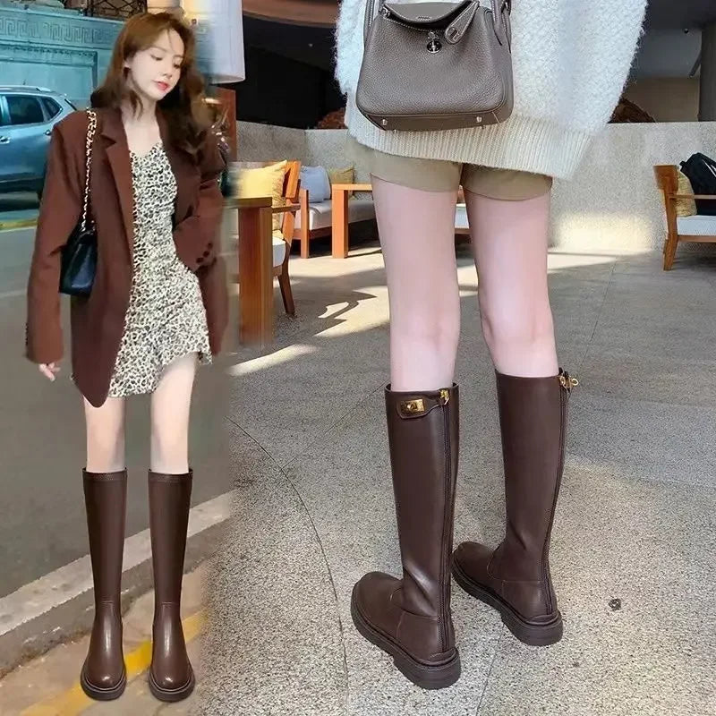 Women's Long Boots Round Toe Winter 2025 Ladies Knee High Shaft Shoes Large Size Warm Spring Autumn Y2k Trend Pu Hot Work Sale