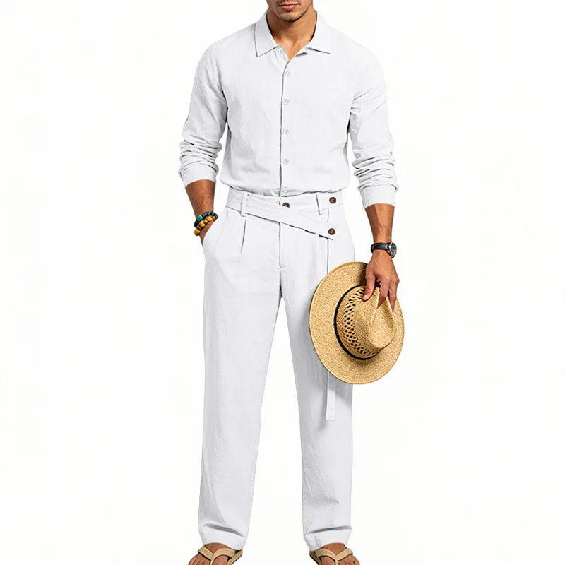 Men's Loose Fit Linen 2 Piece Outfit Solid Color Casual Long Sleeve Hooded Shirt & Long Pants Breathable Suit