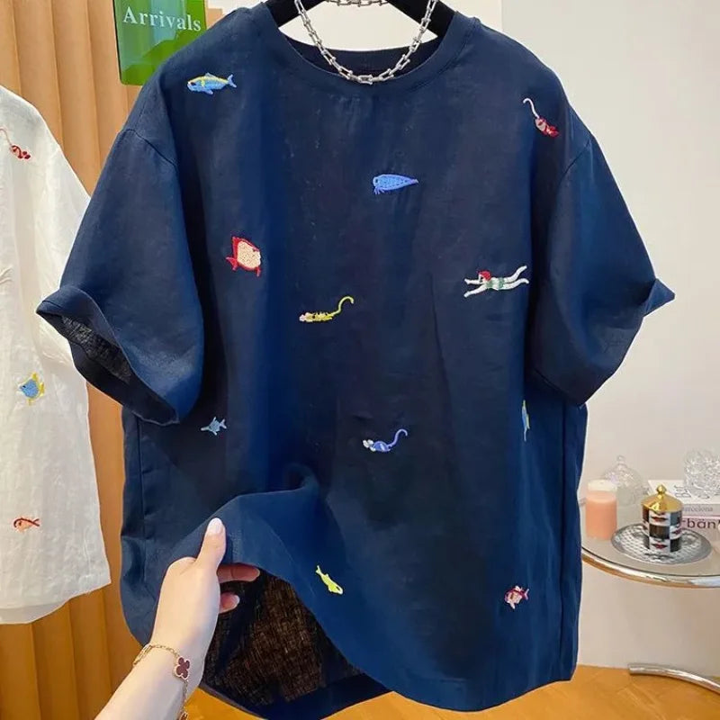 Embroidered Cotton Linen Short-sleeved T-shirt Summer New Loose Casual Round Neck Top for Women