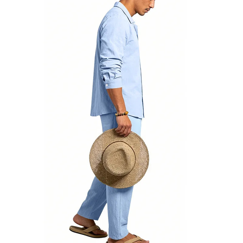 Men's Loose Fit Linen 2 Piece Outfit Solid Color Casual Long Sleeve Hooded Shirt & Long Pants Breathable Suit