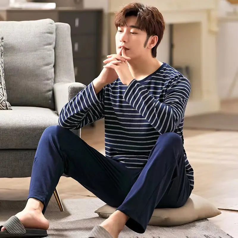 Men's Casual Pyjamas - Long-Sleeved Spring/Autumn Homewear Lightweight Pyjama Set for Young and Middle-Aged Men in Autumn/Winter