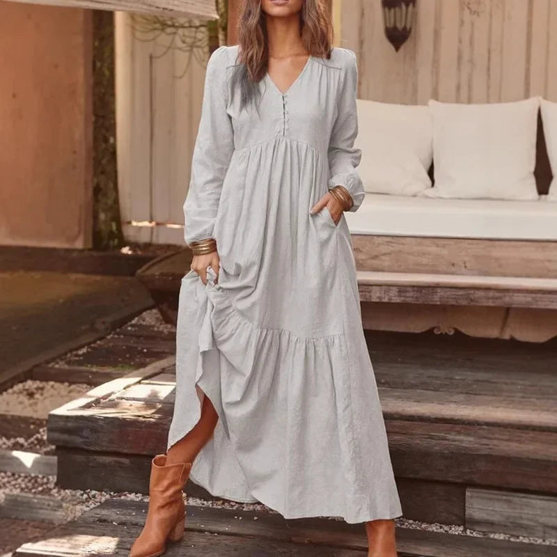New Cotton Linen Retro Large Hem Long Dresses Casual Long Sleeved For Women Fashion Solid Color Single Breasted Skirt Spring