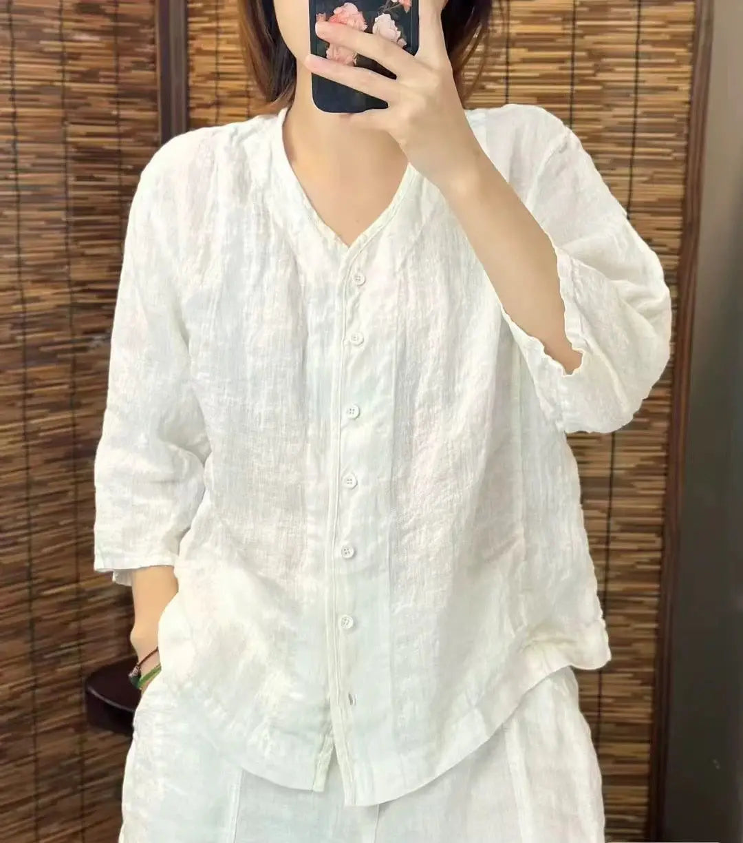 2025 New Solid Color Linen Loose Top Artistic Casual Three-quarter Sleeve Cardigan Shirt