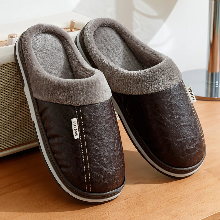 Bedroom Fashion Warm Soft Winter Men's Slippers Indoor Comfy Casual Big Size Anti-slip PU Surface Waterproof Home Plush Shoes