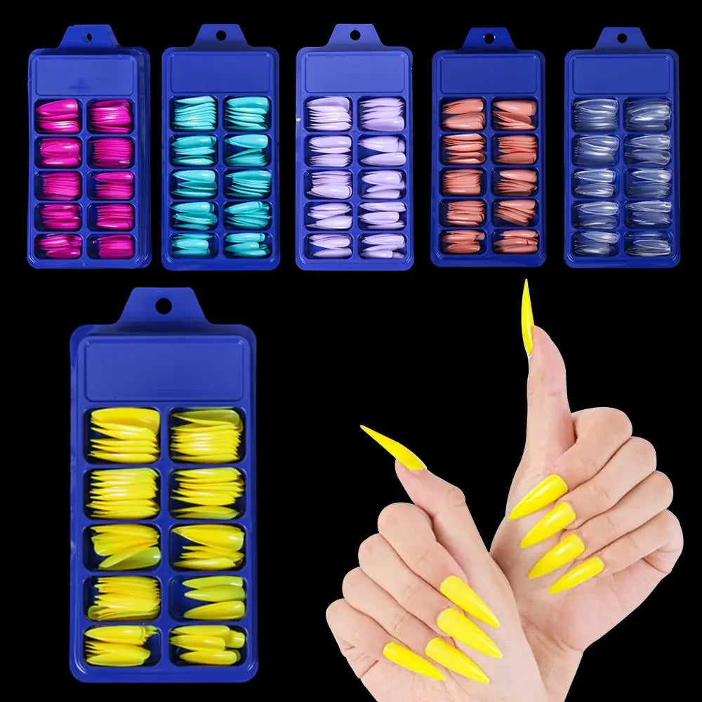 100 PCS/Box Solid Colour False Nail Tips Fake Nails Art Long Stiletto Acrylic Manicure DIY Tools Full Style 20Colors