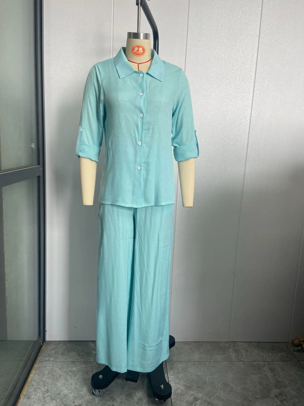 Women Linen Casual Shirt 2 Pieces Set Fashion Lapel Long Sleeve Button Blouse And Trousers Outfits Loose Wide Leg Pants Suits
