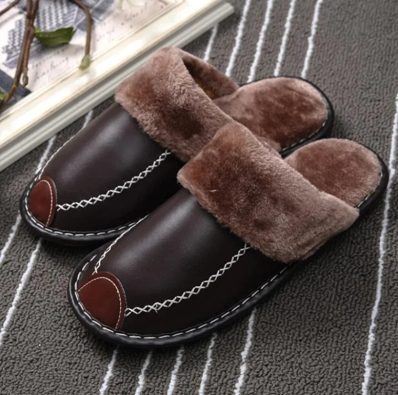 Men Women Winter Leather Slippers Bedroom Cotton Slippers Male Waterproof Thick Plus Velvet Indoor Warm House Home Slippers Shoe