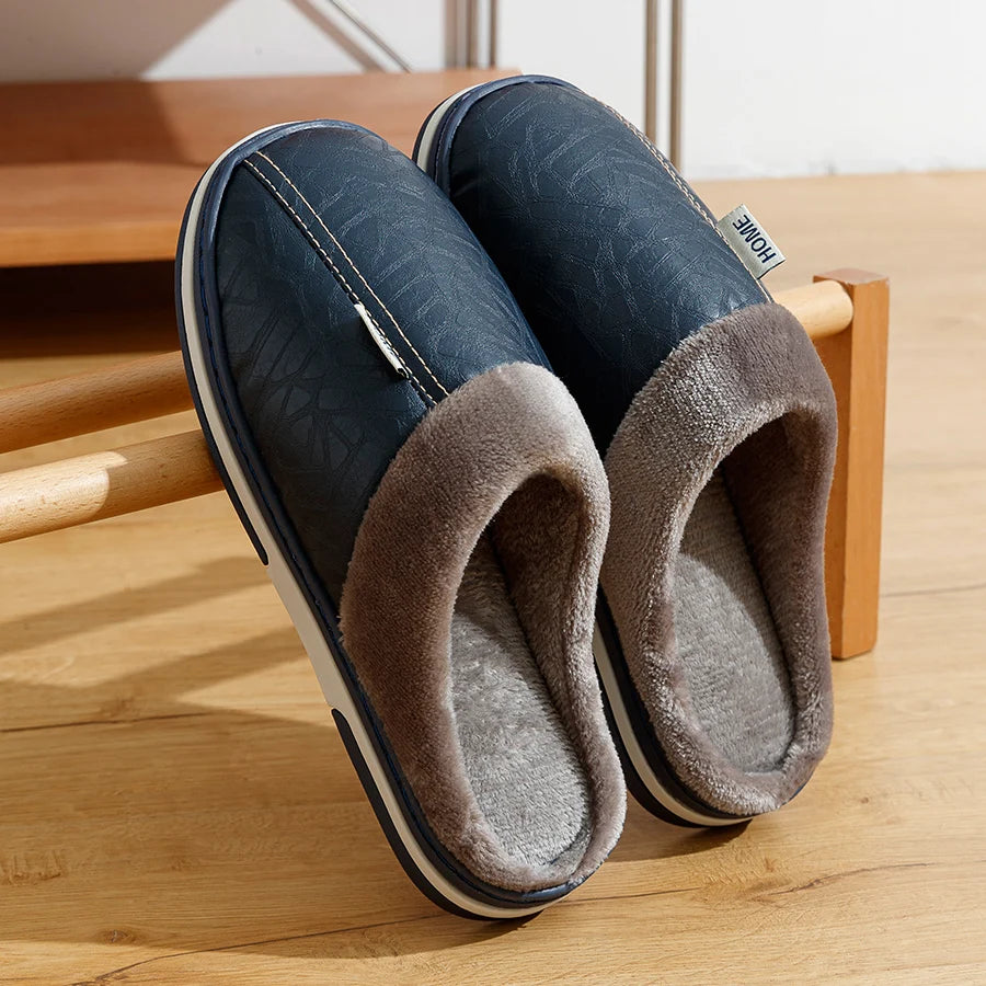 Bedroom Fashion Warm Soft Winter Men's Slippers Indoor Comfy Casual Big Size Anti-slip PU Surface Waterproof Home Plush Shoes