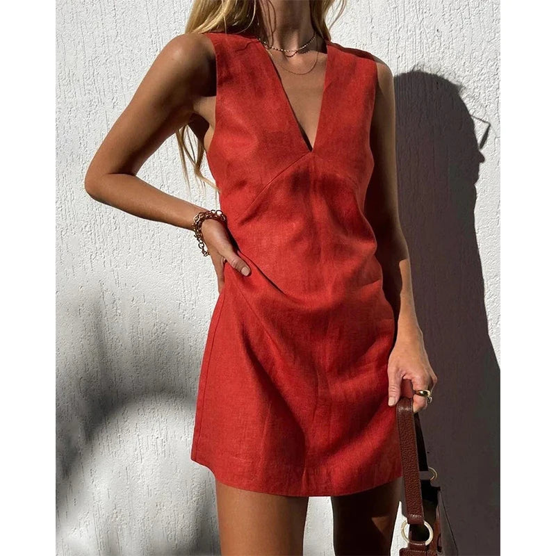Cotton Linen Womens Dresses  Sexy V-Neck Sleeveless Basic Tank Dress Chic Elegant Ladies Dresses Summer Sale Vestidos Para Mujer