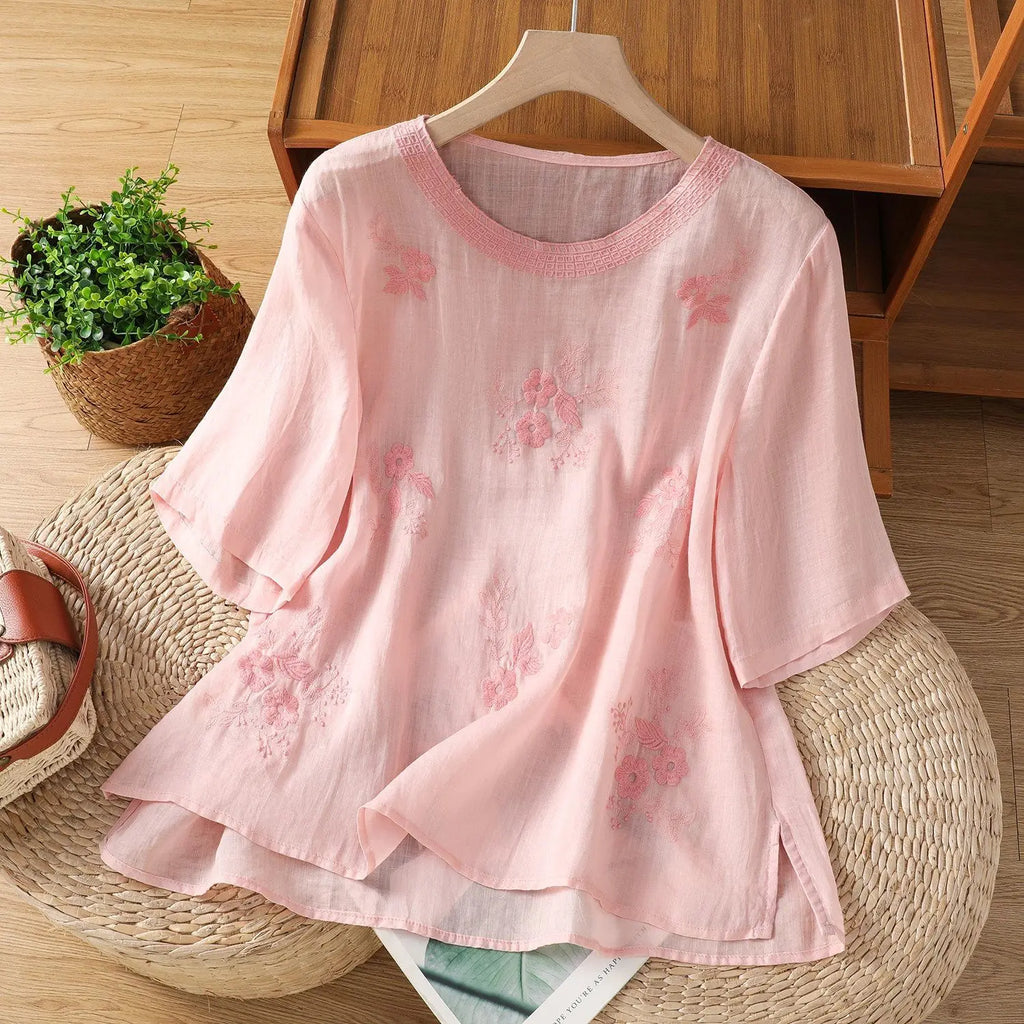 Women's Casual Linen Blouse Floral Embroidery Round Neck Short Sleeve Side Split Loose Fit Summer Tops