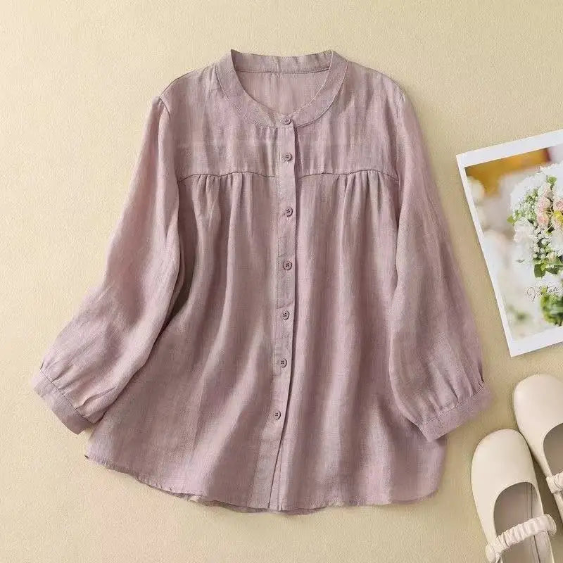 Women's Linen Cotton Blouse - Stand Collar 3/4 Sleeve Loose Fit Casual Shirt