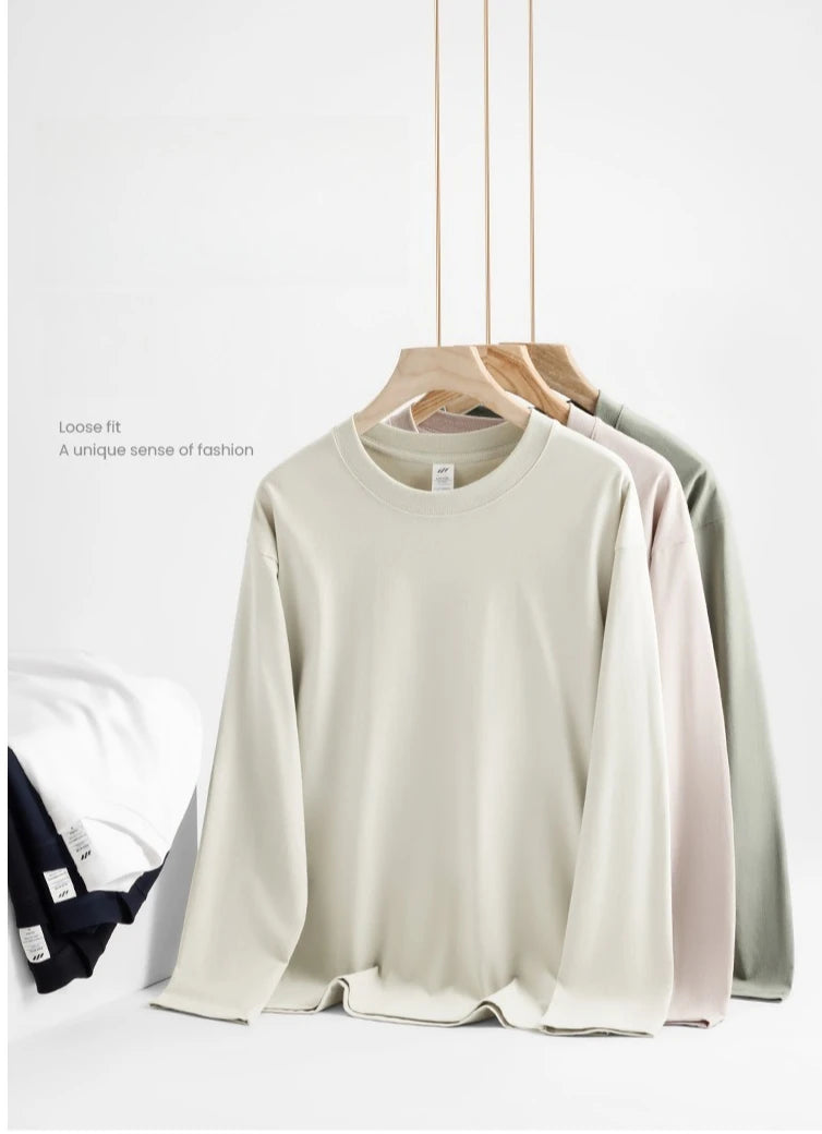2026 100% Cotton T Shirt Women Autumn Winter Ribbed Causal O-Neck Basic Long Sleeve Harajuku Tops Fashion Loose Versatile Tees