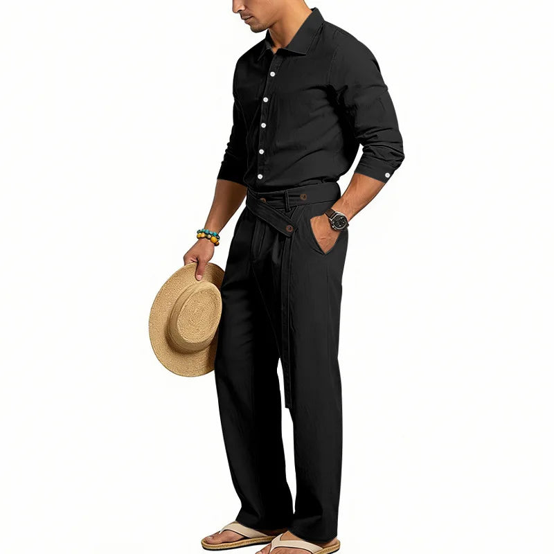 Men's Loose Fit Linen 2 Piece Outfit Solid Color Casual Long Sleeve Hooded Shirt & Long Pants Breathable Suit