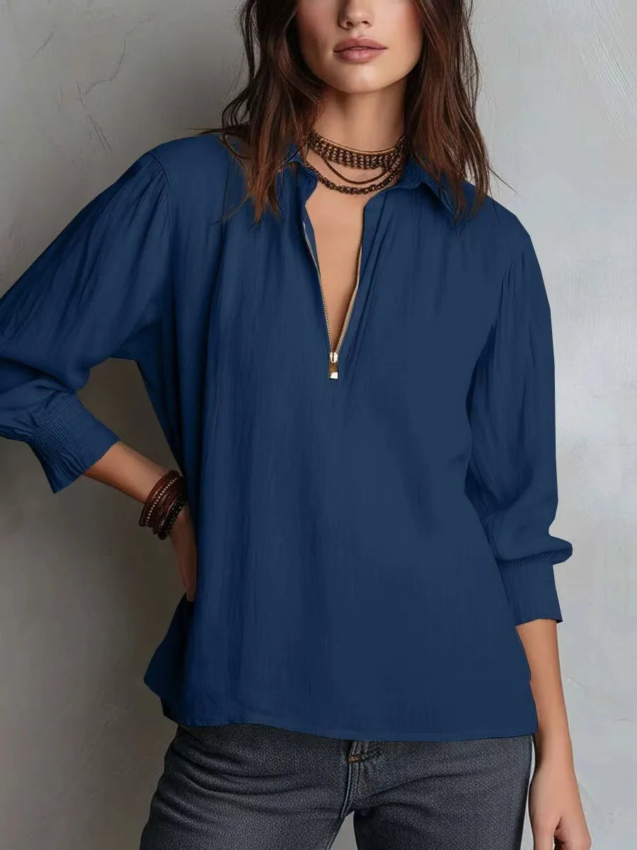 Women‘s Linen Shirt, Oversized Zip-Up Blouse, Casual Loose Fit Pure Color Top, Summer Long Sleeve Shirts for Women •