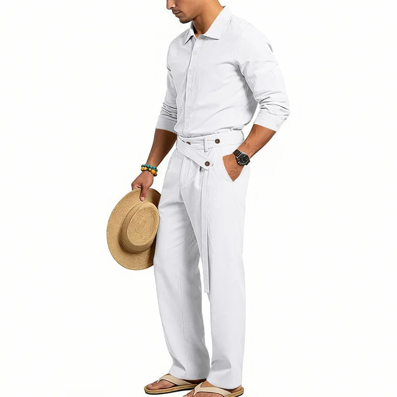 Men's Loose Fit Linen 2 Piece Outfit Solid Color Casual Long Sleeve Hooded Shirt & Long Pants Breathable Suit