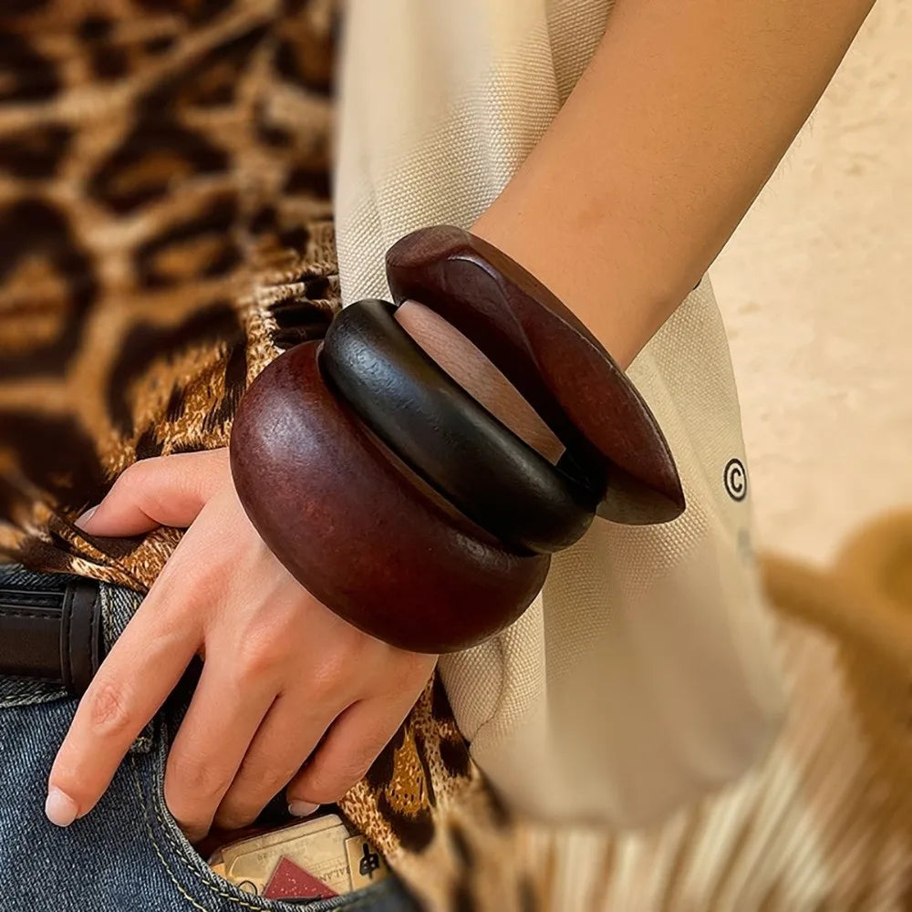 Elegant New Wide Wooden Bangles Round Geometric Square Bracelets Thick Women Bangles Girl Jewelry Accessories Girl Ladies Gift