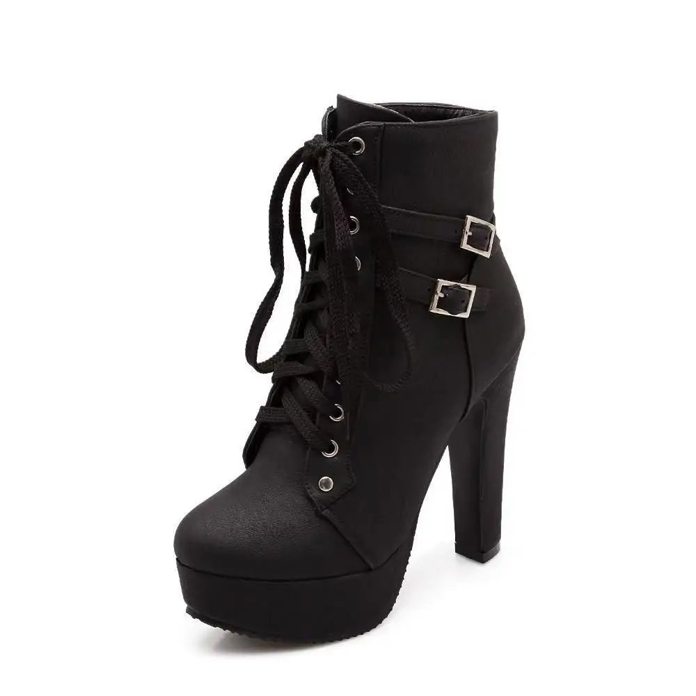 European and American Style Women's Boots - Ankle Boots with Cross Straps High Heels Platform Belt Buckle &Low-Cut Design