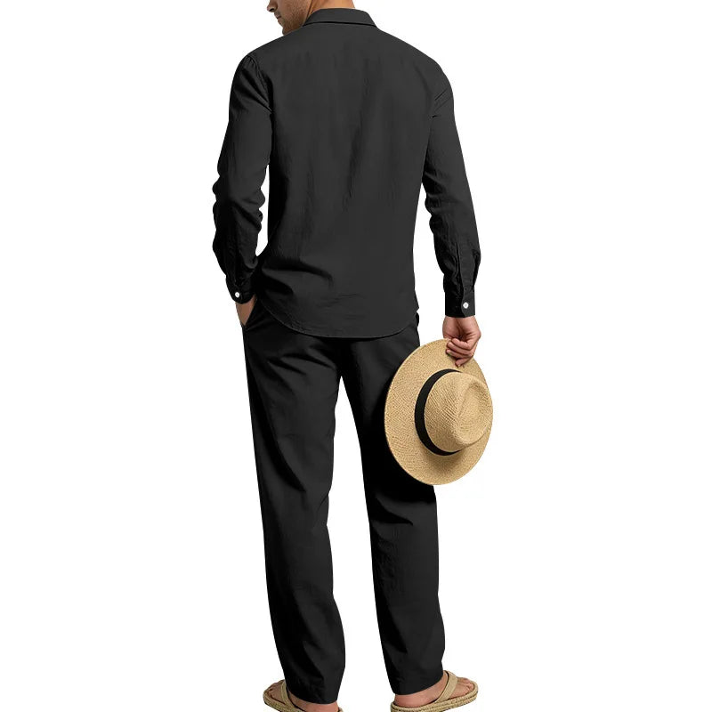 Men's Loose Fit Linen 2 Piece Outfit Solid Color Casual Long Sleeve Hooded Shirt & Long Pants Breathable Suit