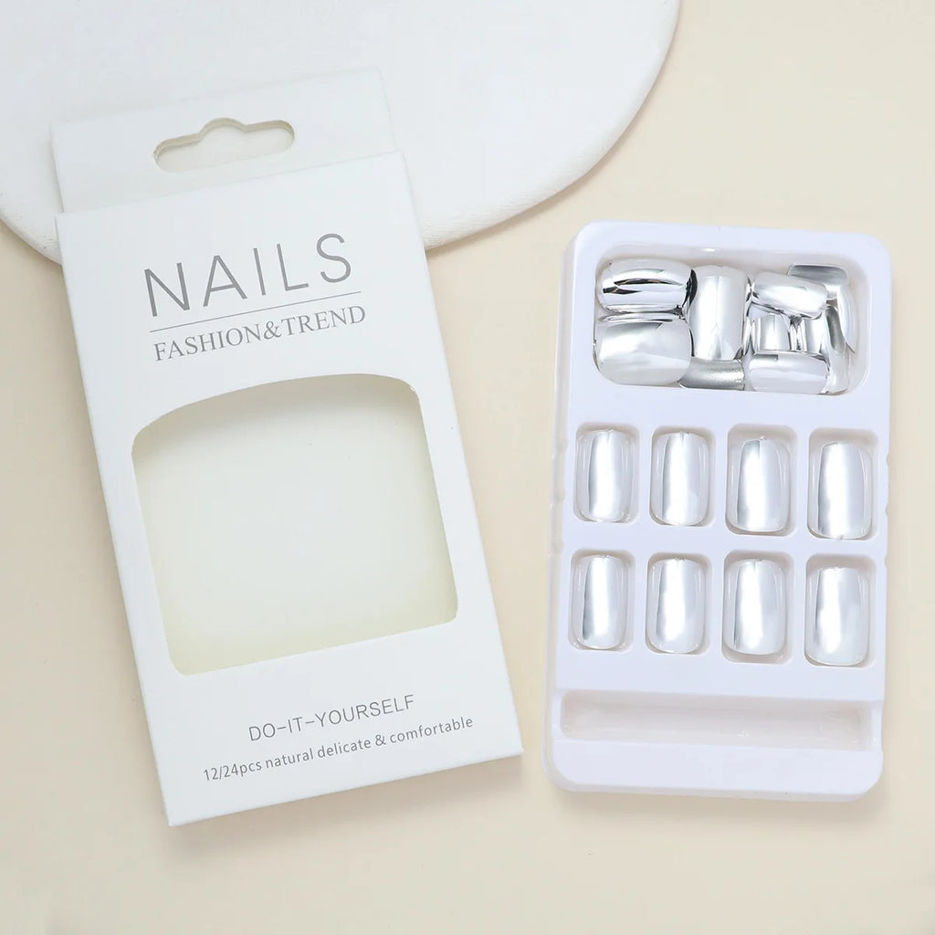 24pcs/set short fake nails metallic red black rose green blue silver golden square tips mirror effect press on false nail art