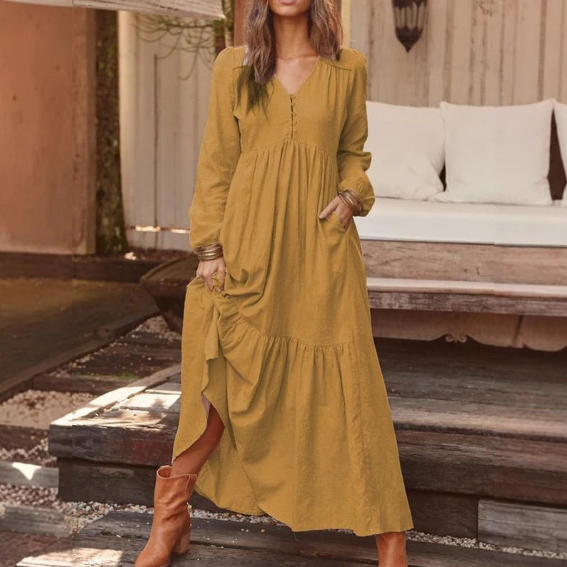 New Cotton Linen Retro Large Hem Long Dresses Casual Long Sleeved For Women Fashion Solid Color Single Breasted Skirt Spring