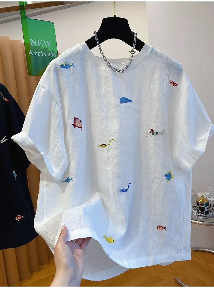 Embroidered Cotton Linen Short-sleeved T-shirt Summer New Loose Casual Round Neck Top for Women