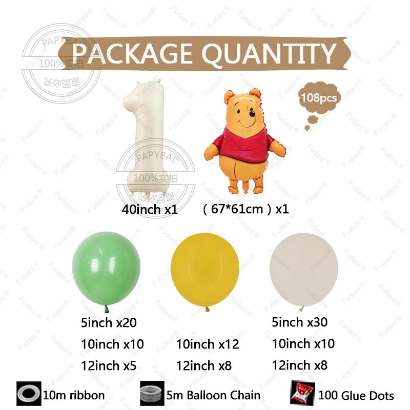 108Pcs Winnie The Pooh Latex Arch Garland Balloon Winnie Party Supplies Bear Party Balloons for Baby Shower Birthday Party Decor